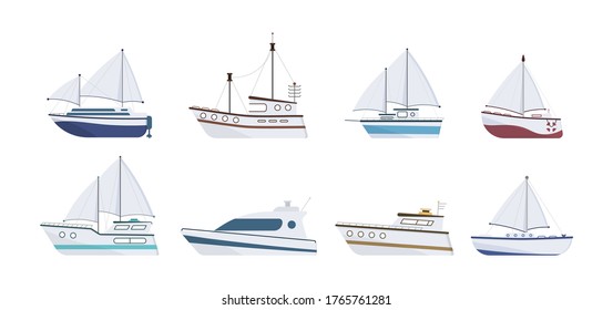 Set of flat yacht, boat, steamboat, ferry, fishing vessel, tugboat, pleasure boat, cruise ship. Sailboat isolated on white background. Sea ship. Ocean transport concept. Vector illustration, eps 10.