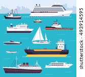 Set of flat yacht, scooter, boat, cargo ship, steamship, ferry, fishing boat, tug, bulk carrier, vessel, pleasure boat, cruise ship with blue sea background concept. Vector design illustration