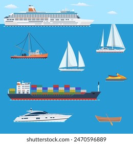 Set of flat yacht, scooter, boat, cargo ship, fishing boat, vessel, pleasure boat, cruise ship with blue sea background concept. Vector design illustration