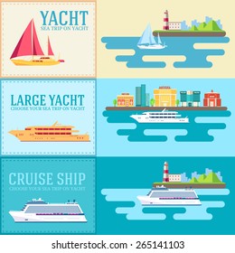 Set of flat yacht, scooter, boat, cargo ship, steamship, ferry, fishing boat, tug, bulk carrier, vessel, pleasure boat, cruise ship with blue sea banners concept. Vector design illustration