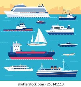 Set of flat yacht, scooter, boat, cargo ship, steamship, ferry, fishing boat, tug, bulk carrier, vessel, pleasure boat, cruise ship with blue sea background concept. Vector design illustration
