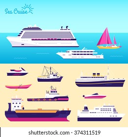 Set of flat yacht, scooter, boat, cargo ship, steamship, ferry, fishing boat, tug, bulk carrier, vessel, pleasure boat, cruise ship with blue sea background concept. Vector design illustration