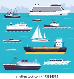 Set of flat yacht, scooter, boat, cargo ship, steamship, ferry, fishing boat, tug, bulk carrier, vessel, pleasure boat, cruise ship with blue sea background concept. Vector design illustration