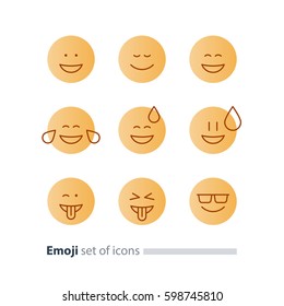 Set of flat yellow emoji icons, facial expressions, emoticon vector flat design