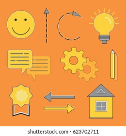 Set of flat yellow and gray signs with positive meaning on orange background