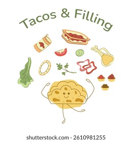 Set with flatbread character and taco filling. Hand drawn clipart illustration for your projects.