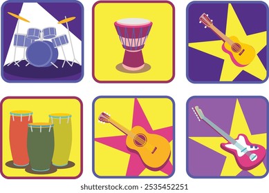 A set of flat-colored musical instruments consists of a drum set, an electric guitar, a classical guitar, a ukulele, a djembe drum, and three conga drums.