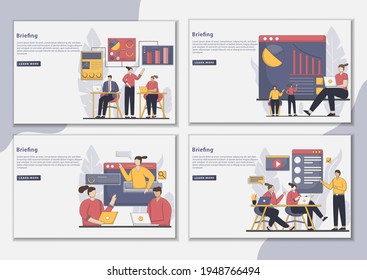 Conjunto de ilustraciones de la página de inicio de Teamwork Briefing de diseño de estilo Flatline. empresarios discuten durante la reunión de la conferencia de capacitación. hombres de negocios mujeres creativas de trabajo en equipo.