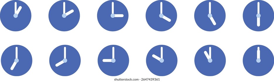 Um conjunto de ilustrações de relógio de estilo plano mostrando horas completas de 1 a 12 horas. Perfeito para uso em projetos relacionados ao tempo, cronogramas, rotinas diárias, aplicativos de gerenciamento de tempo, educação ou visuais de produtividade.