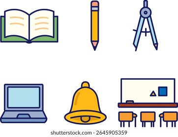 Un conjunto de iconos de educación de estilo plano que incluyen lápiz, computadora portátil, campana, libro, pizarra y brújula. Perfecto para aprender App, Sitios web escolares o diseños de presentaciones.
