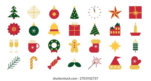 Set of flat-style icons Christmas tree, gift, winter decoration ornament for festive design projects. Xmas abstract icons in minimalist geometric style	
