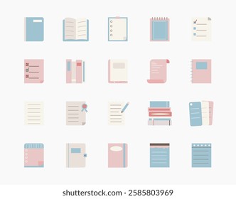 A  set of flat-style icons featuring books, notebooks, planners, and stationery in pastel colors. Perfect for educational, business, and organization-related designs.