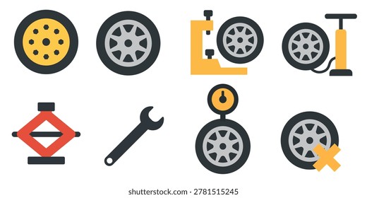 A set of flat-style icons featuring car wheels and tire service. 10 EPS.