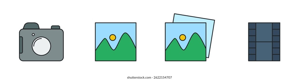 A set of flat-style icons representing a camera, images, and film strip, ideal for media, photo apps, or creative projects.