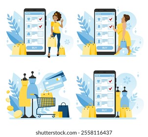 A set of flat-style illustrations in the online store purchase concept. Buy clothes using the app on your phone.  Non-cash payment