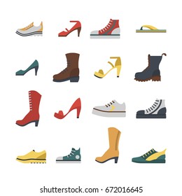 Set of flat-style shoes colored isolated. Men and women sneakers, shoes and boots