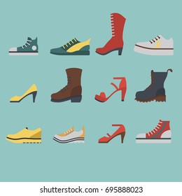 Set of flat-style shoes colored on blue background. Men and women sneakers, shoes and boots