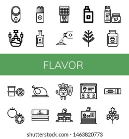 Set of flavor icons such as Tomato, Hookah, Salty, Balsamic vinegar, Chewing gum, Powder, Vaper, Dill, Cream, Mayonnaise, Coffee capsule, Chicken, Popsicle, Ice cream shop , flavor
