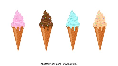 set of flavored ice cream cone isolated on white background: vector illustration