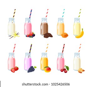 Set Of Flavored Scented Milk Shake, Smoothie. Bottle With Straw. Fruits And Berries. Vector Illustration Cartoon Flat Icon Isolated On White.