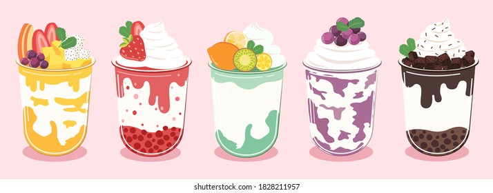 Set of flavored scented milk shake, smoothie. Bottle with straw. Fruits and berries. Vector illustration cartoon flat icon isolated on pink.