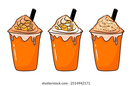 Set of flavored scented milk shake, Mango smoothies. Mango juice creamy Vector illustration cartoon flat icon isolated on white.