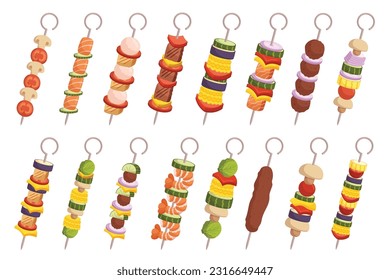 Set Of Flavorful Kebabs, Each Skewer Offering A Unique Combination Of Tender Meats, Aromatic Spices, Shrimps And Charred Vegetables, Mouthwatering And Satisfying Meal. Cartoon Vector Illustration