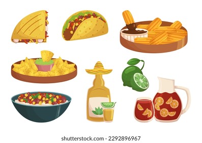 Comida Mexicana Alegre. Tacos picantes, Ceviche de tangy, enchiladas saladas, Churros cardíacos, nachos tradicionales con salsa de guacamole y lémonade de refriega con tequila. Ilustración del vector de dibujos animados