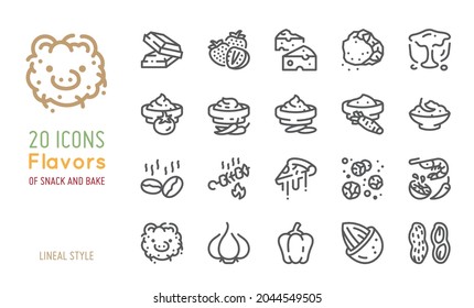 conjunto de iconos de sabores para bocadillos y pasteles. Ilustración vectorial de estilo lineal.