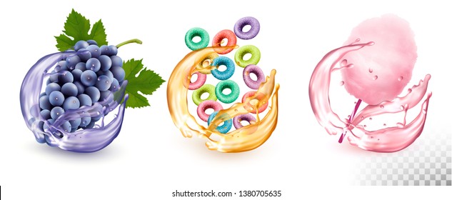 Set of flavors in juice splash. Grapes,  fruit-flavored cereal, cotton candy. Vector icons.