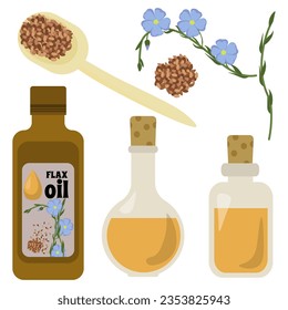 Set of flax oil in bottles and flasks, flowers and flax seeds vector illustration
