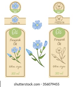  Set of  Flaxseed Oil labels, hand draw vector illustration
