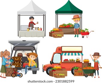Set of flea market and shop element illustration
