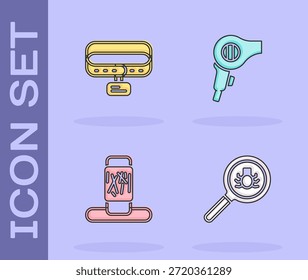 Set Búsqueda de pulgas, collar con etiqueta de nombre, post de rascado de gato e icono de secador de pelo. Vector