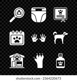 Set Flea search, Diaper for dog, Certificate cat, Pet grooming, Paw print, Dog medicine bottle, Calendar and Medical rubber gloves icon. Vector