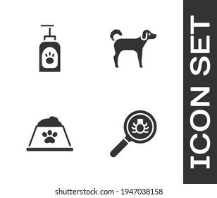 Set Flea search, Pet shampoo, food bowl and Dog icon. Vector