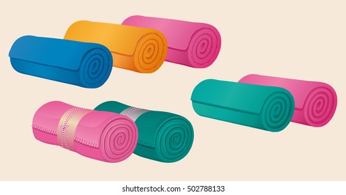 Set of fleece blankets, comforter or duvet and gymnastic mats, rolled into a roll or scroll. Color vector, isolated on background.