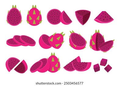 Set of Fleshed Dragon fruit, Farm fresh Dragon fruit product emblem for grocery shop, Slides, long and cross sections, different positions, simple flat vector illustration of vegetables and fruits.