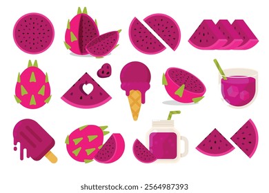 Set of Fleshed Dragon fruit, Farm fresh product emblem, collection of ice cream, Juice jar, glass of juice, ice cream cone and stick, simple flat vector illustration of fruits.