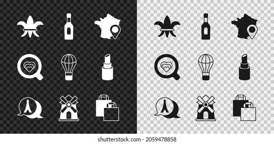 Set Fleur De Lys, Champagne bottle, Map of France, Eiffel tower, Windmill, Paper shopping bag, Coffee cup and Hot air balloon icon. Vector