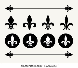 Set Of Fleur De Lys Design Elements. Decoration For Emblem, Antique French Flower Illustration