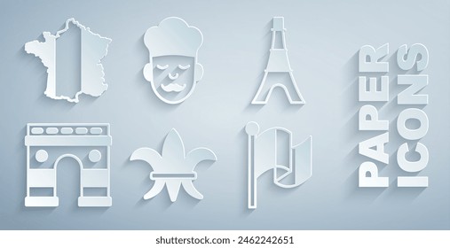 Conjunto Fleur De Lys, Torre Eiffel, Arco de Triunfo, Bandera Francia, Cocinero y Mapa de icono. Vector