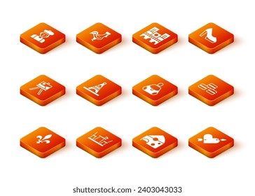 Set Fleur De Lys, French cafe, Easel or painting art boards, Eiffel tower, Cheese, Handbag, Amour with heart arrow and Macaron cookie icon. Vector