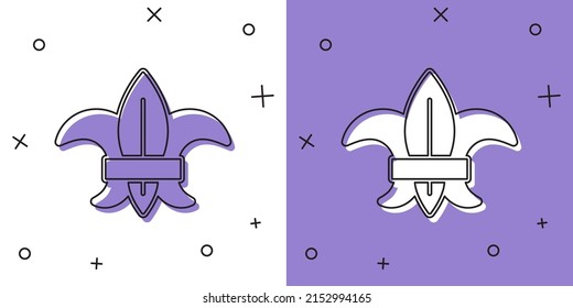 Set Fleur de lys or lily flower icon isolated on white and purple background.  Vector