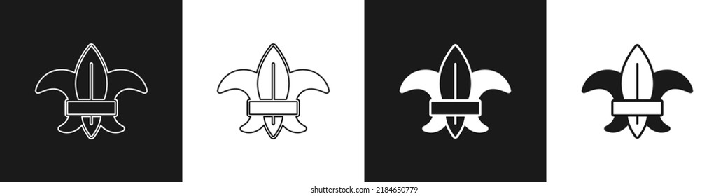 Set Fleur de lys or lily flower icon isolated on black and white background.  Vector