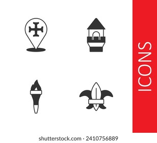 Set Fleur de lys or lily flower, Crusade, Torch flame and Castle tower icon. Vector