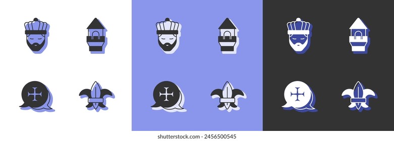 Set Fleur de lys or lily flower, King with crown, Crusade and Castle tower icon. Vector