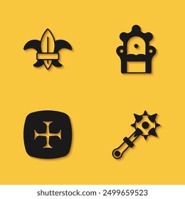 Set Fleur de lys or lily flower, Mace with spikes, Crusade and Medieval throne icon with long shadow. Vector