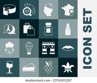 Set Fleur De Lys, Smiling lips, Lipstick, French man, Paper shopping bag, Eiffel tower, Cheese and Perfume icon. Vector