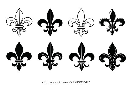 Set of fleur-de-lis symbols in various styles and designs